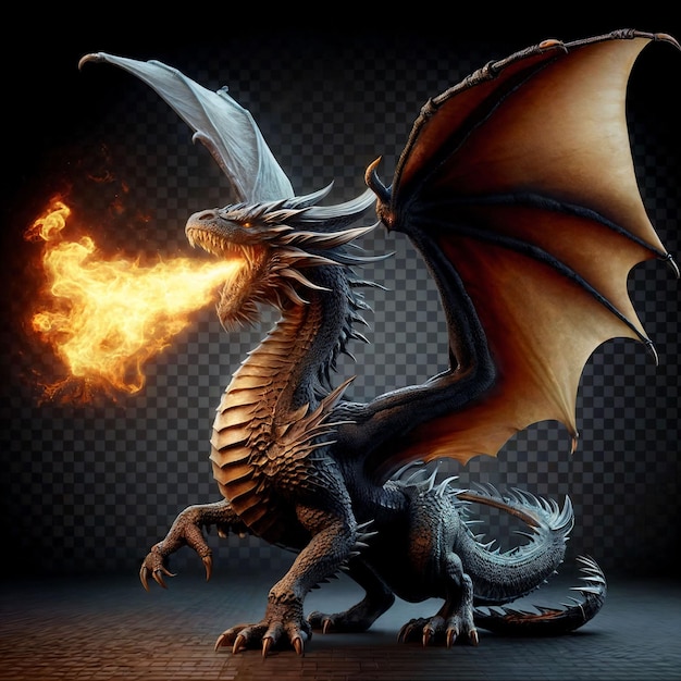 Un dragón que respira fuego sobre un fondo negro