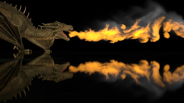 Dragón realista respira fuego sobre un fondo negro en una representación 3d de superficie reflectante