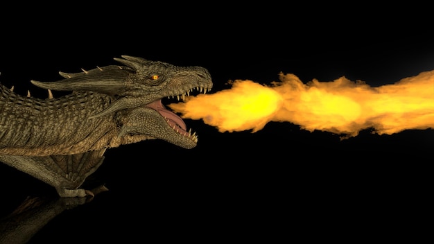 Dragón realista respira fuego sobre un fondo negro en una representación 3d de superficie reflectante