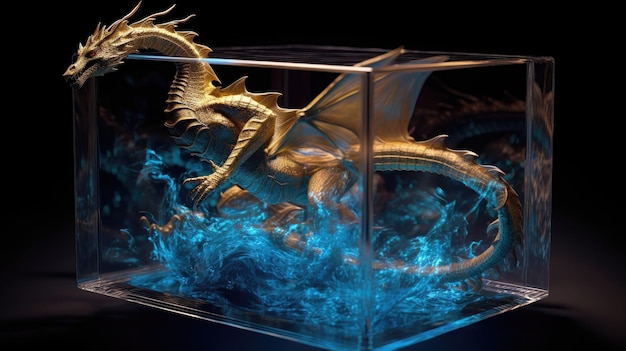 Un dragón en un recipiente de vidrio con fondo negro.