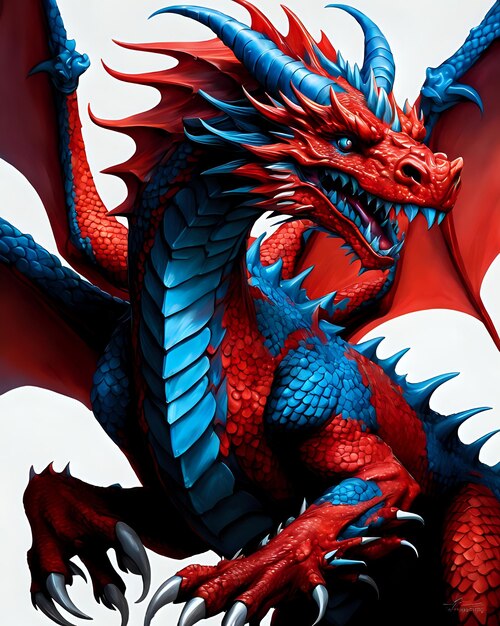 Foto un dragón rojo y azul arte de fantasía dragón estatua china templo escultura asiática animal
