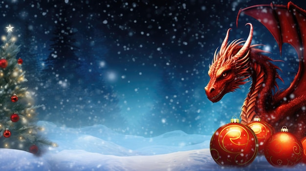 Dragón rojo con bolas de Navidad sobre fondo nevado.