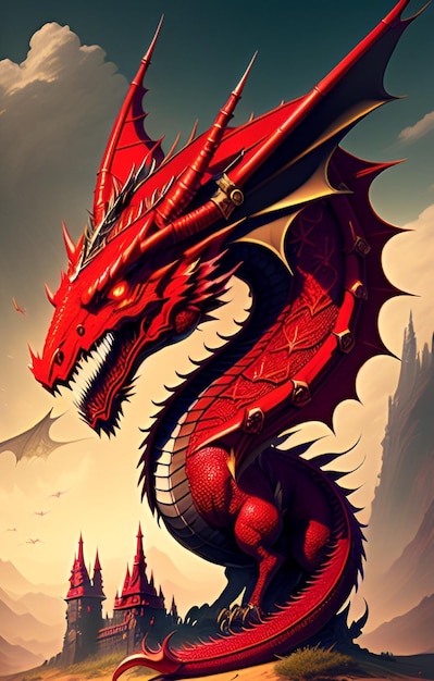 Un dragón rojo con cabeza roja y ojos rojos.