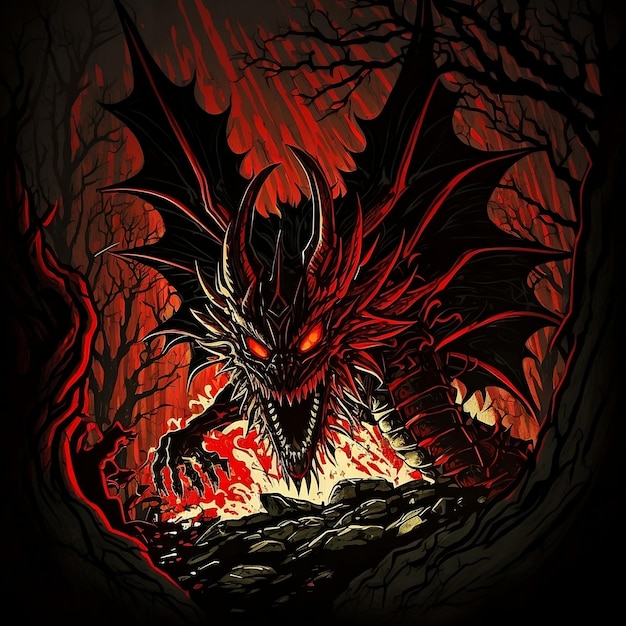 Un dragón rojo con una cara roja y una cabeza roja.