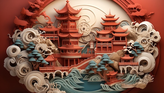 Foto dragón rojo chino con casas imperiales chinas en la parte inferior