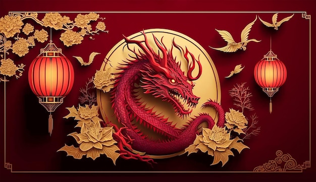 Un dragón rojo con una hoja de oro y un símbolo para el año del dragón Generativo Ai