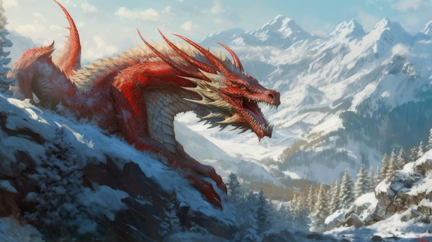 Un dragón rojo en las montañas.