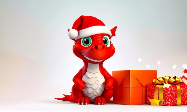 Dragón rojo con sombrero de Papá Noel sentado junto a una caja de regalos IA generativa