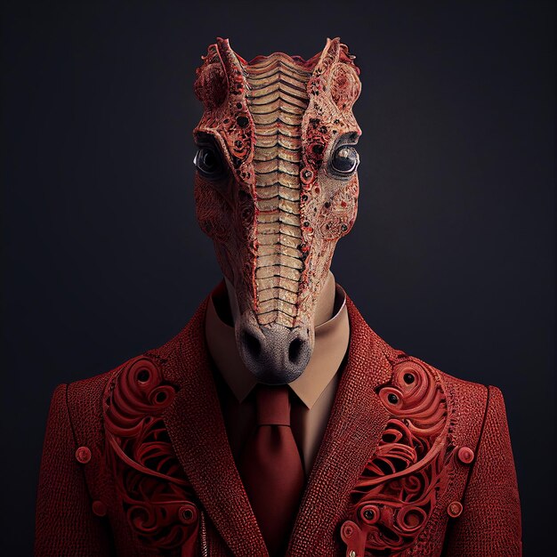 Un dragón rojo con traje y corbata roja.