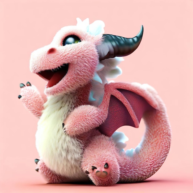 Un dragón rosa con una cola rosa se sienta sobre un fondo rosa.