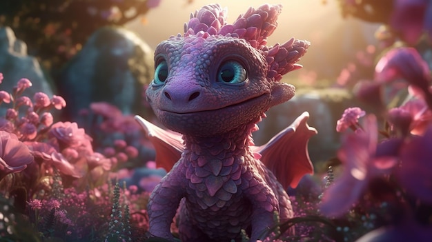 Un dragón rosa sin dientes con una cola morada se sienta en un campo de flores.