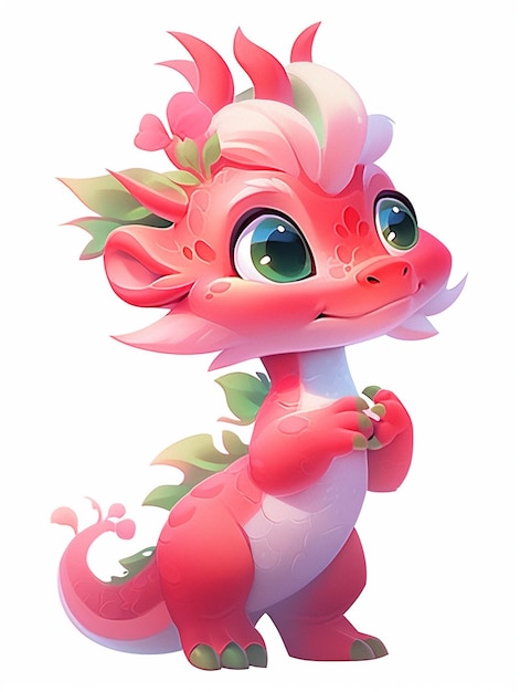 Un dragón rosado de dibujos animados con ojos verdes y una cola rosada.