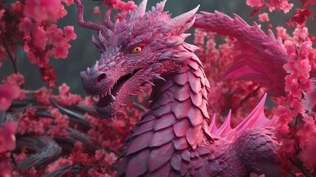 Un dragón rosado con flores