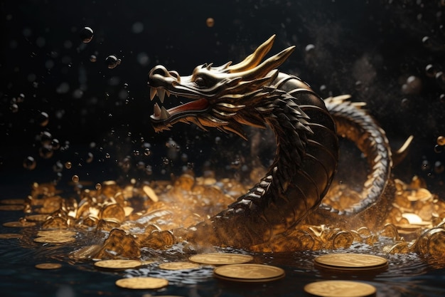 Un dragón saltando de monedas de oro Un dragón y tesoros montones de monedas de oro IA generativa