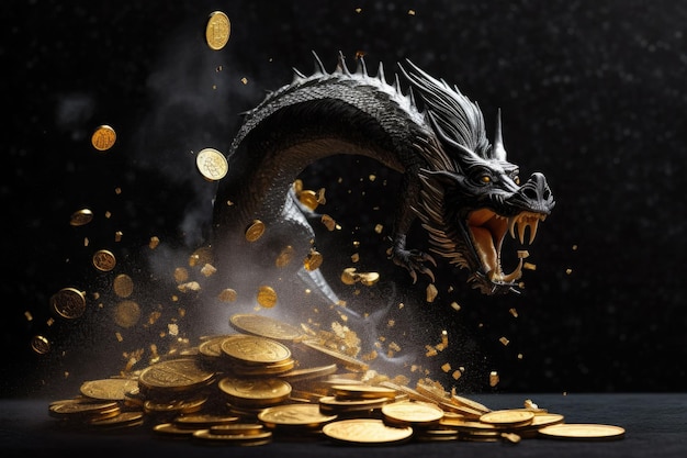 Un dragón saltando de monedas de oro Un dragón y tesoros montones de monedas de oro IA generativa