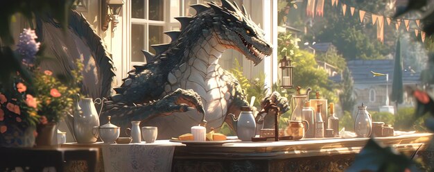 Dragón sentado en un café con una taza de té y libros disfrutando del té de la mañana AI Generative