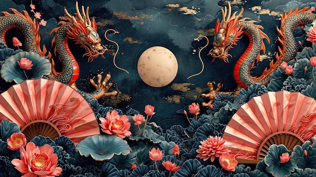 Foto dragón sobre el fondo de la luna y las flores de loto