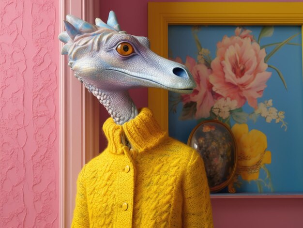 Dragón en suéter amarillo concepto de moda de criatura caprichosa