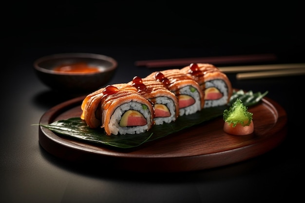 Dragón de sushi con anguila, pepino y aguacate sobre fondo negro Comida japonesa sabrosa IA generativa
