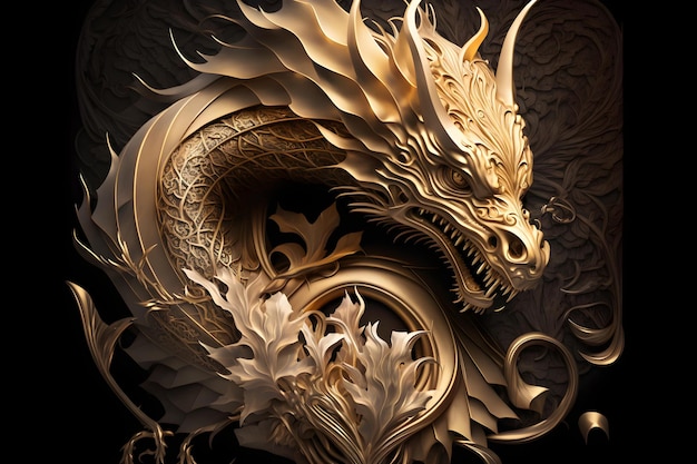 dragón tallado en oro en el fondo oscuro
