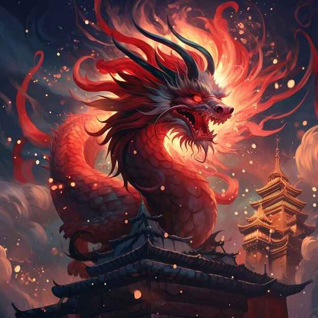 El dragón y el templo chino en el fondo de fuego Ilustración 3D