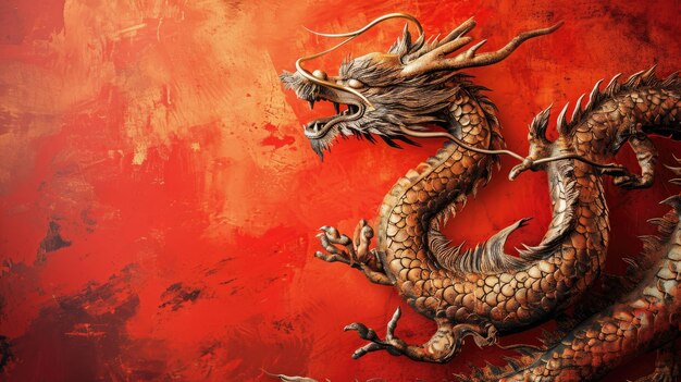 dragón tradicional chino contra las nubes flores olas fondo