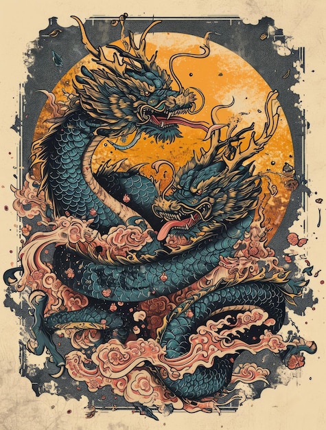 dragón tradicional chino contra las nubes flores olas fondo