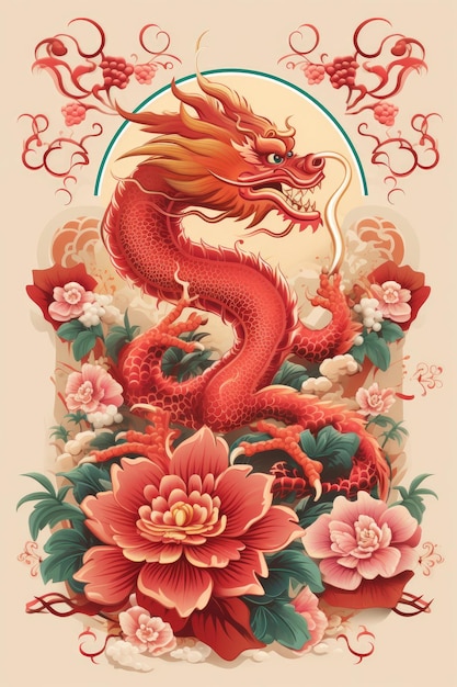 Foto dragón tradicional chino contra las nubes flores olas fondo