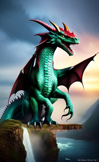 Un dragón verde con cabeza roja y cabeza roja.