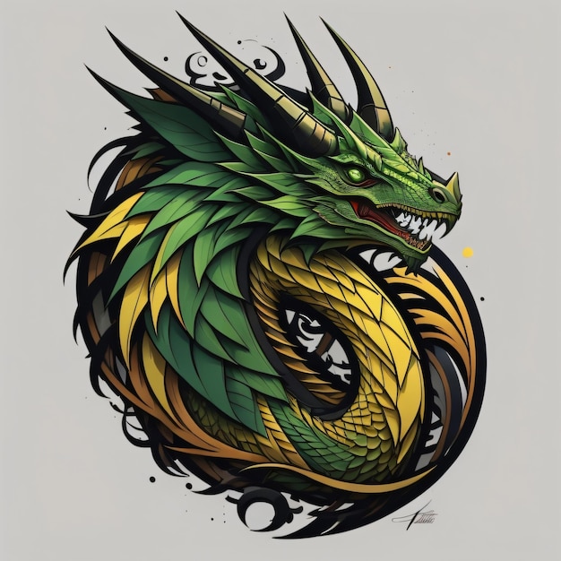Un dragón verde con un diseño amarillo y verde.