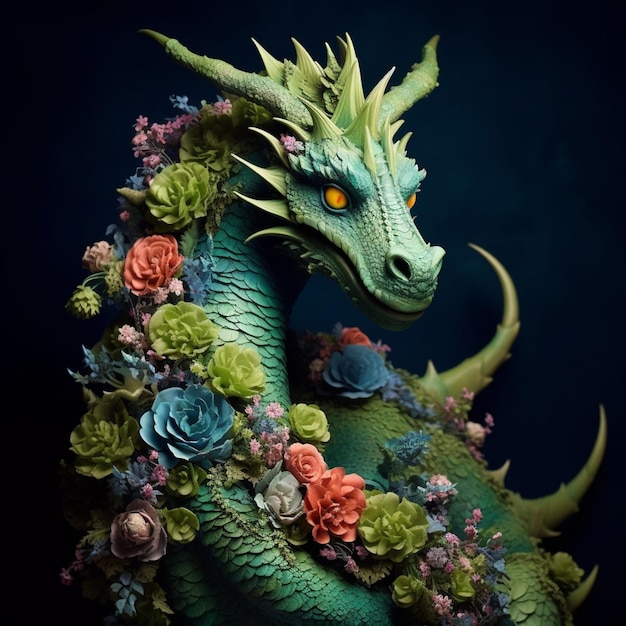 Un dragón verde con flores está en la oscuridad.