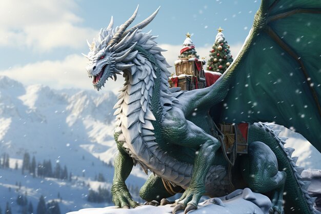 Un dragón verde con un gorro de Papá Noel símbolo del año Feliz año nuevo Feliz Navidad AI Generativa