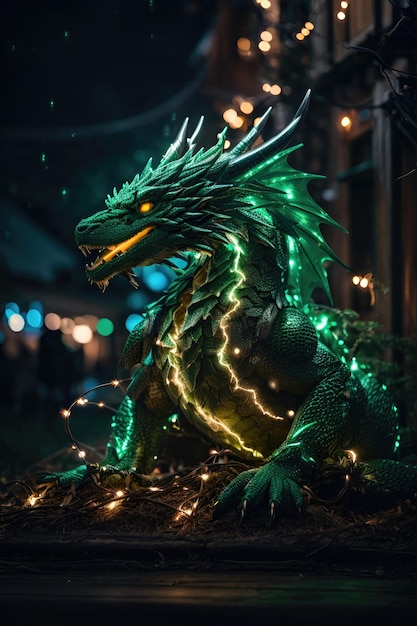 Dragón verde con una guirnalda en el fondo de la ciudad nocturna