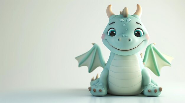 El dragón verde lindo y amigable sentado sobre un fondo blanco el dragón tiene grandes ojos azules y un vientre rosa está sonriendo y parece feliz