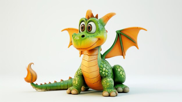 Foto el dragón verde lindo y amigable sentado sobre un fondo blanco el dragón tiene grandes ojos una pequeña sonrisa y alas naranjas está mirando a la cámara