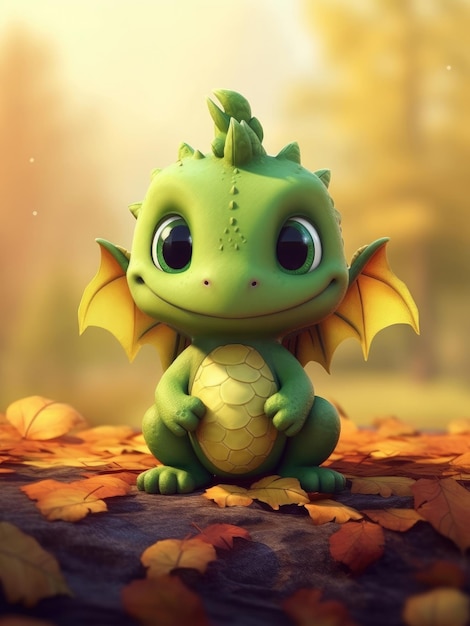 Dragón verde lindo divertido en temporada de otoño