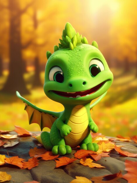 Dragón verde lindo divertido en temporada de otoño