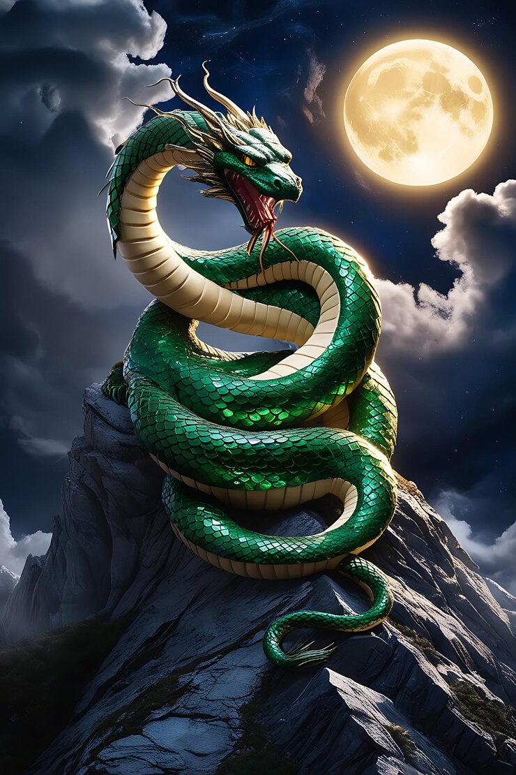 un dragón verde con una luna llena detrás de él