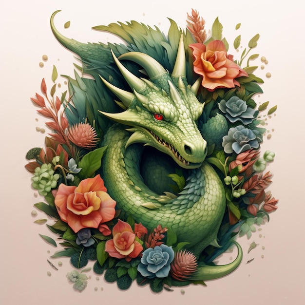 Un dragón verde con un ojo rojo está rodeado de flores.