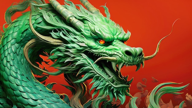 Un dragón verde, un símbolo del Año Nuevo Chino sobre un fondo rojo.