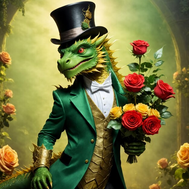 Dragón verde vestido y sosteniendo un ramo de rosas IA generativa
