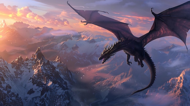 dragón volando en el cielo con montañas en el fondo