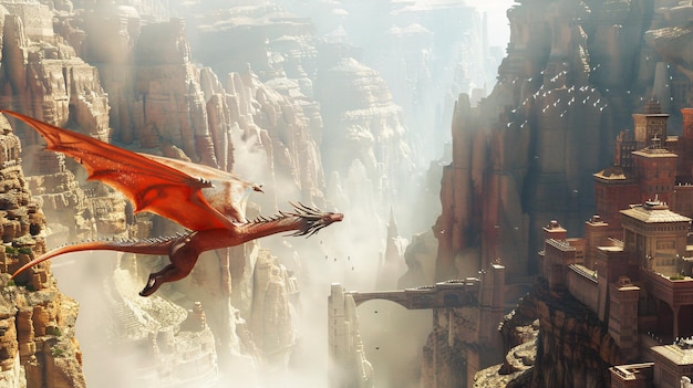 un dragón volando sobre un acantilado con un ala roja en él