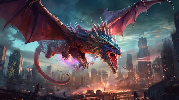 Un dragón volando sobre una ciudad futurista Concepto de fantasía Pintura de ilustración IA generativa