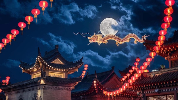 un dragón volando sobre una pagoda china con una luna en el fondo