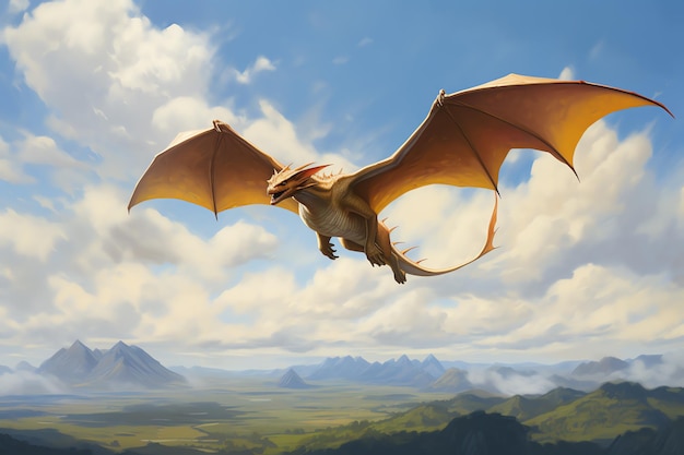 Foto un dragón volando sobre un valle.