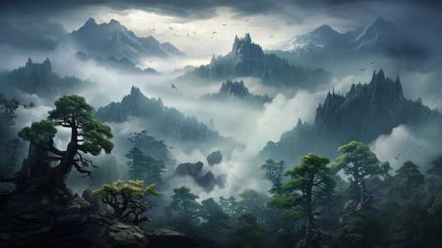 Foto dragoncore floresta majestica e montanha em paisagem de inspiração oriental