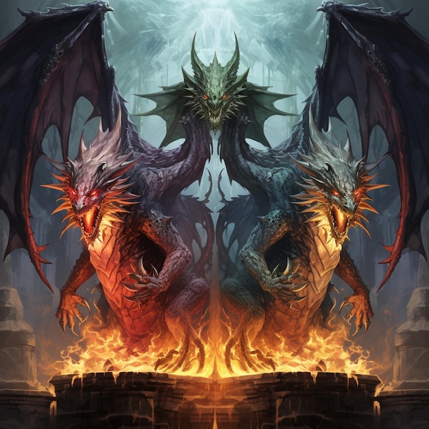 Los dragones están peleando por un pozo de fuego en un entorno de fantasía con IA generativa.