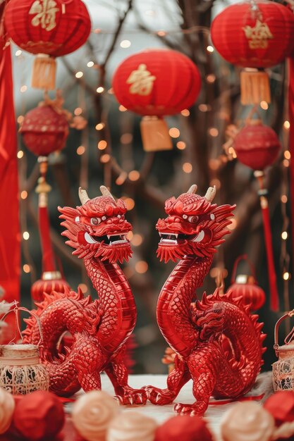 Foto dragones y leones rodeados de varias decoraciones y linternas fondo del año nuevo chino