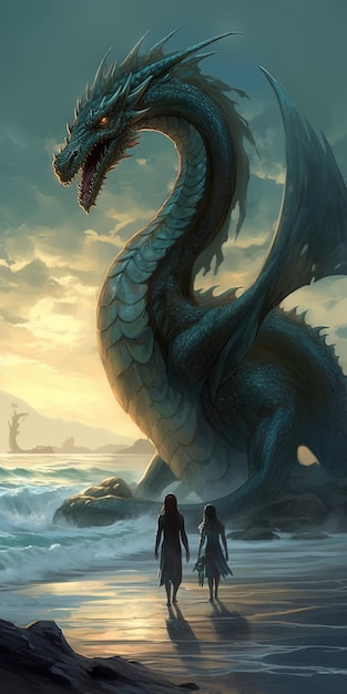Dragones por la orilla Majestuoso paseo por la playa en estilo artístico